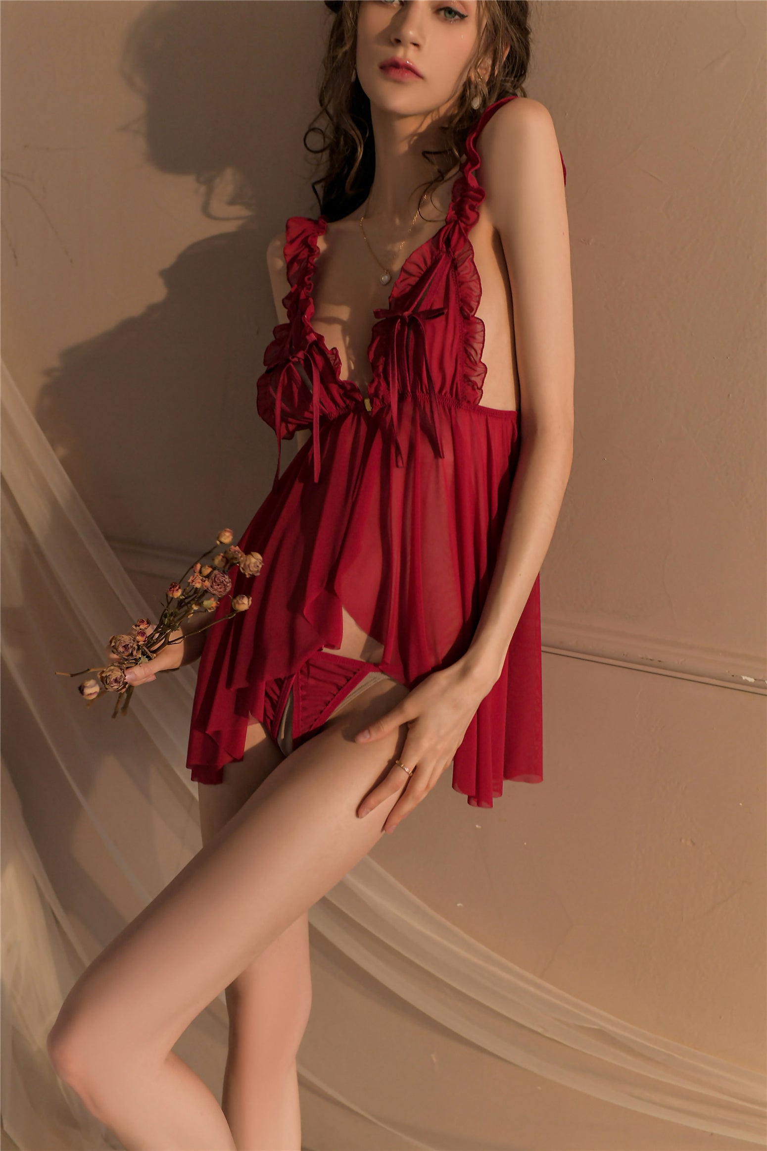 T-8471 Sexy Sheer Mesh Tempting Pajamas, Lightweight & Alluring Open Crotch Camisole Nightgown, Plus Size