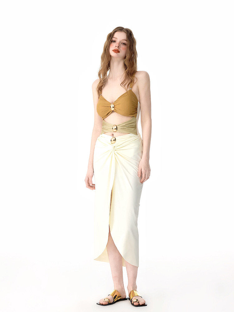 Beige & Gold Color-Block Bikini Set with Gold Metal Accents, 2-Piece Swimsuit with Wrap Skirt for Women