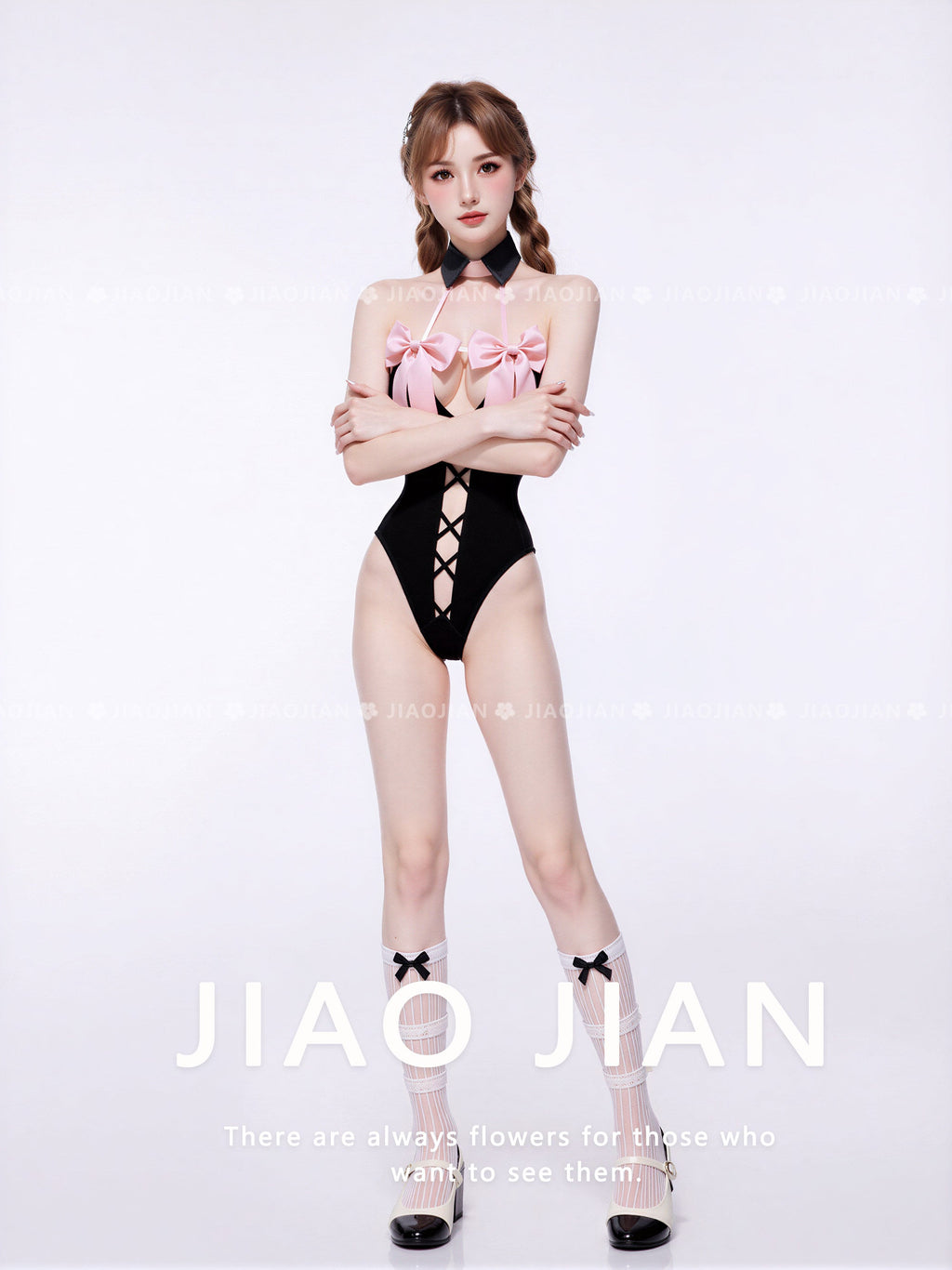 X-1004  Black & Pink Bow Maid Cosplay Bodysuit, Lace-Up Halter Lingerie Costume for Women, 3 Sizes Available