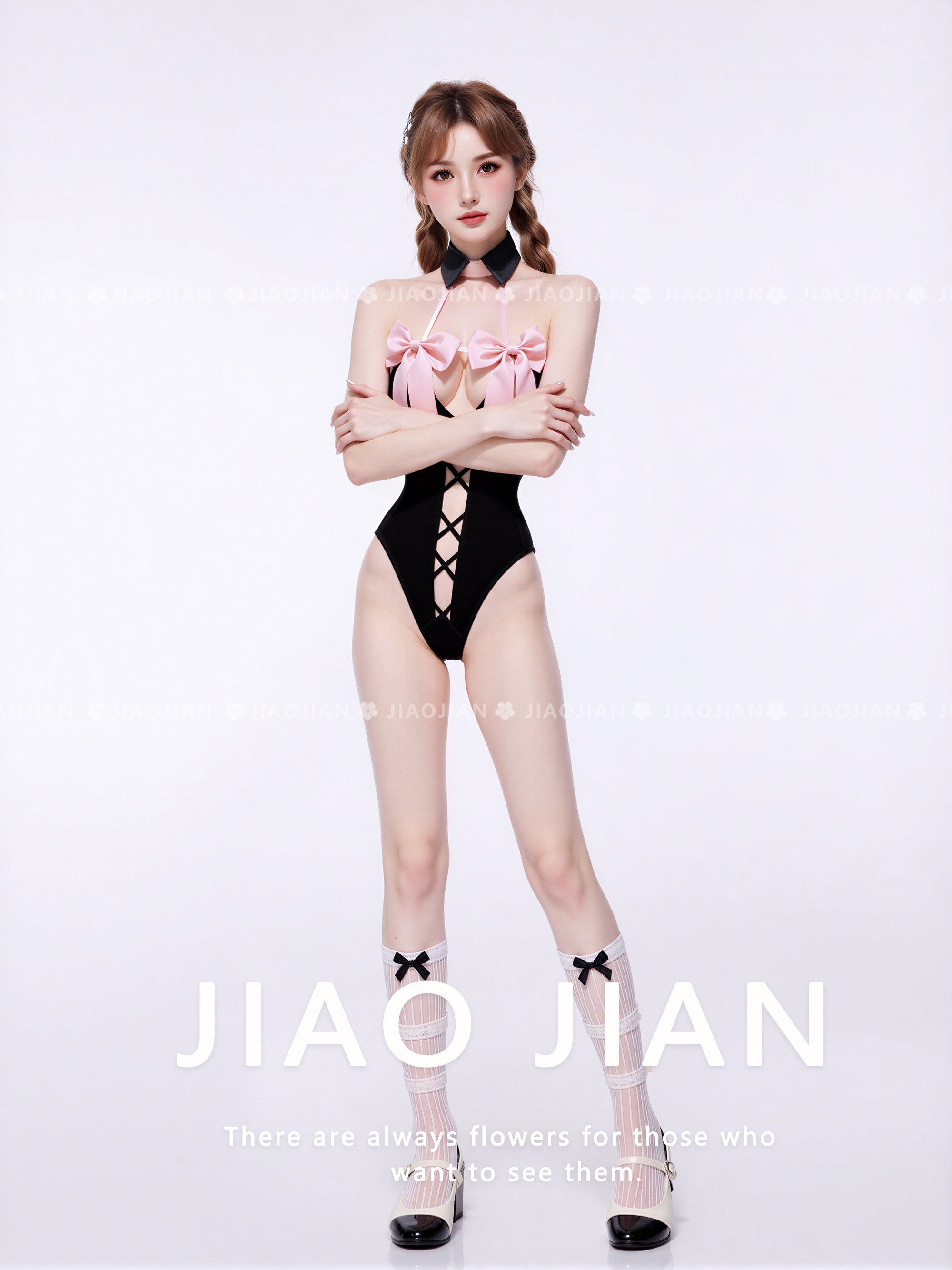 X-1004  Black & Pink Bow Maid Cosplay Bodysuit, Lace-Up Halter Lingerie Costume for Women, 3 Sizes Available