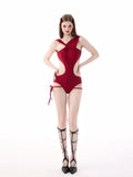 Red Devil Horn Cutout One-Piece Swimsuit, Sexy Lace-Up Monokini for Women