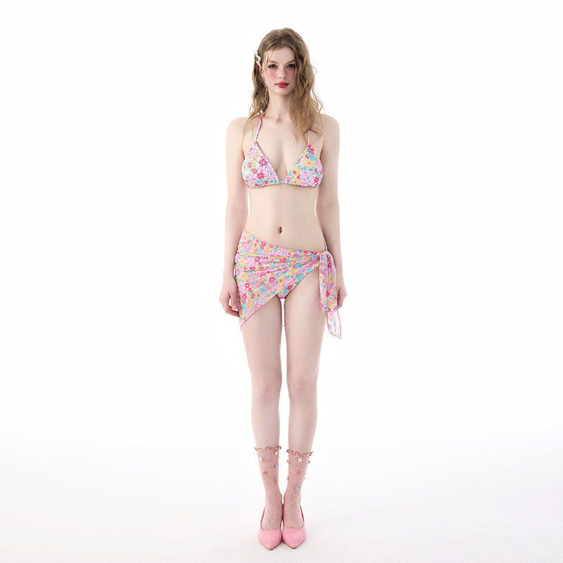 Colorful Floral Print Triangle Bikini Set 4 Piece with Mesh Sarong & Long Sleeve Cover Up, Cute Summer Swimsuit for Women