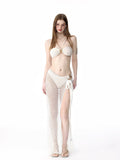 White Pleated Bandeau Bikini Set 3 Piece with Crochet Mesh Maxi Sarong, Luxury Two Piece Swimsuit for Women