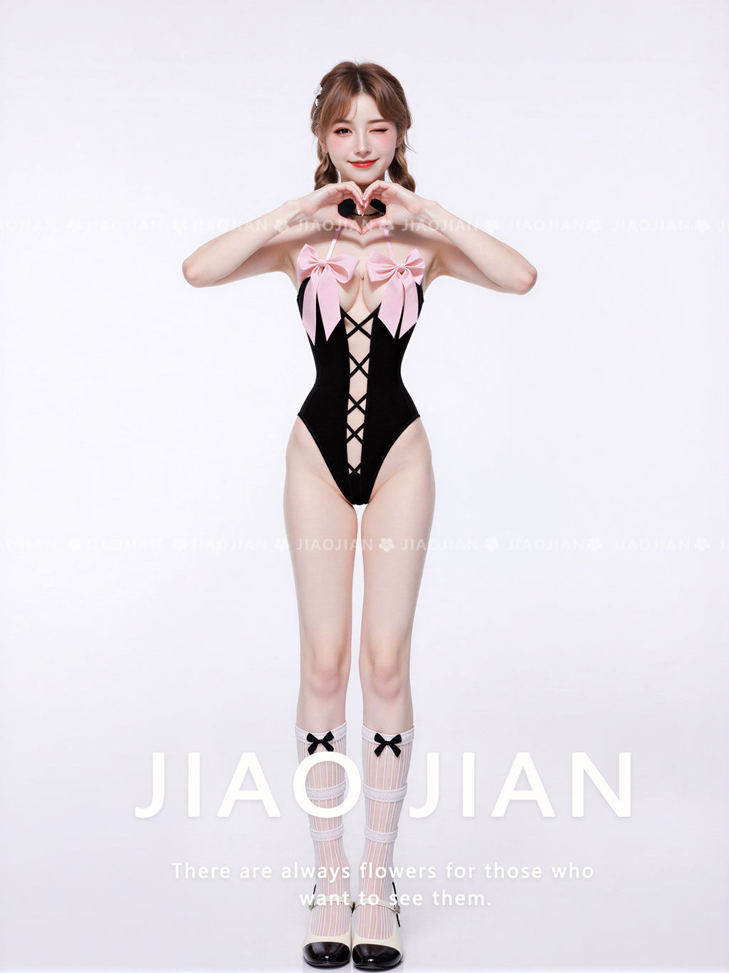 X-1004  Black & Pink Bow Maid Cosplay Bodysuit, Lace-Up Halter Lingerie Costume for Women, 3 Sizes Available