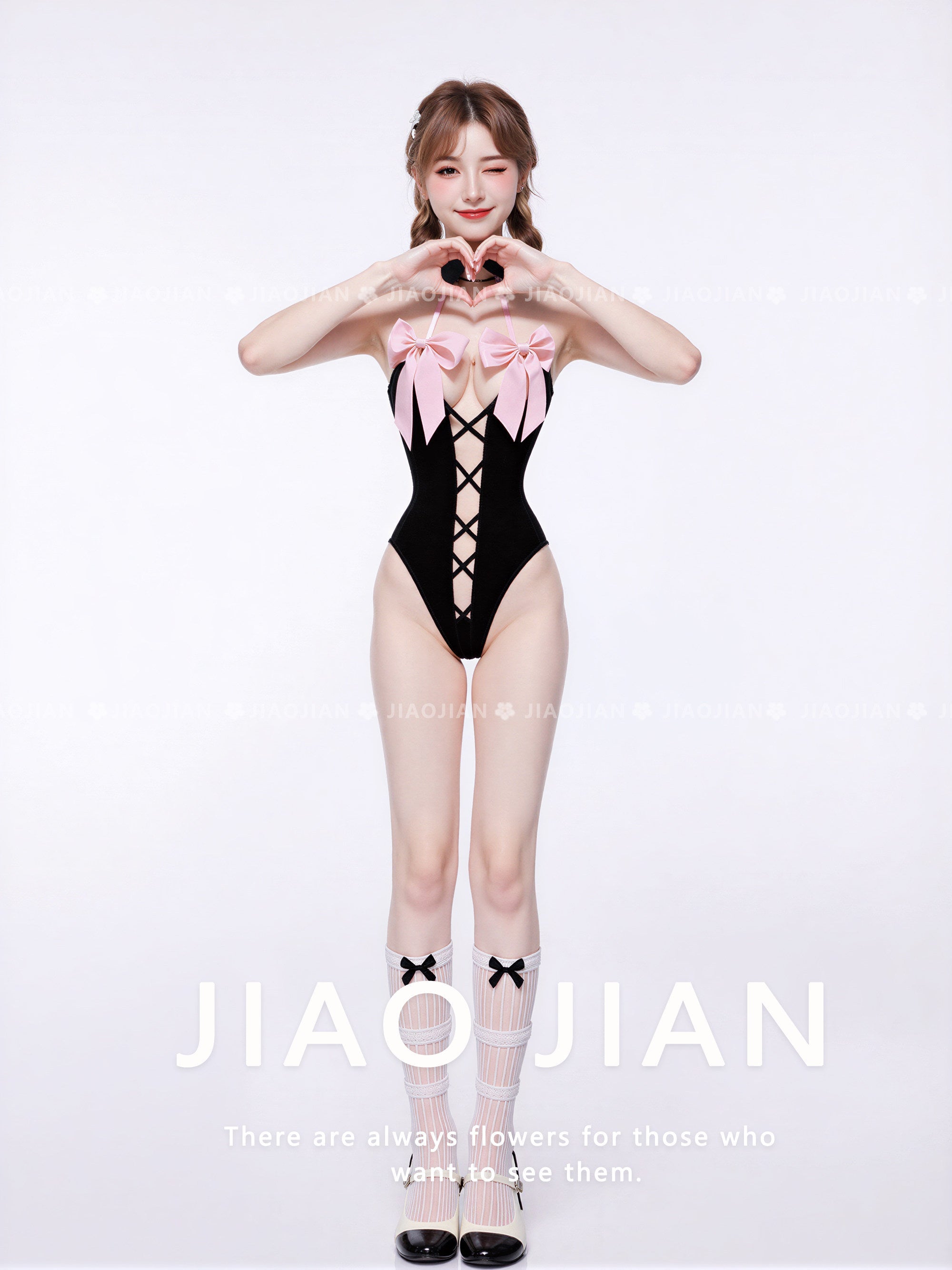 X-1004  Black & Pink Bow Maid Cosplay Bodysuit, Lace-Up Halter Lingerie Costume for Women, 3 Sizes Available