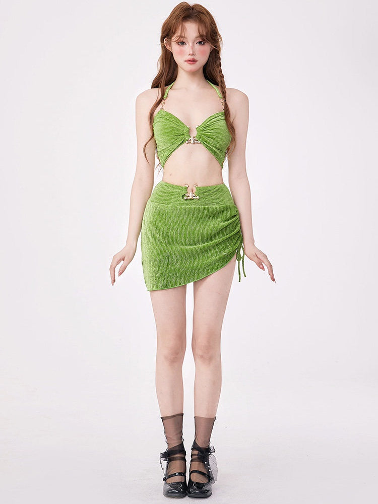 Bright Green Halter Bikini Set with Metal Buckle Detail, 3-Piece Swimsuit with Ruched Skirt for Women