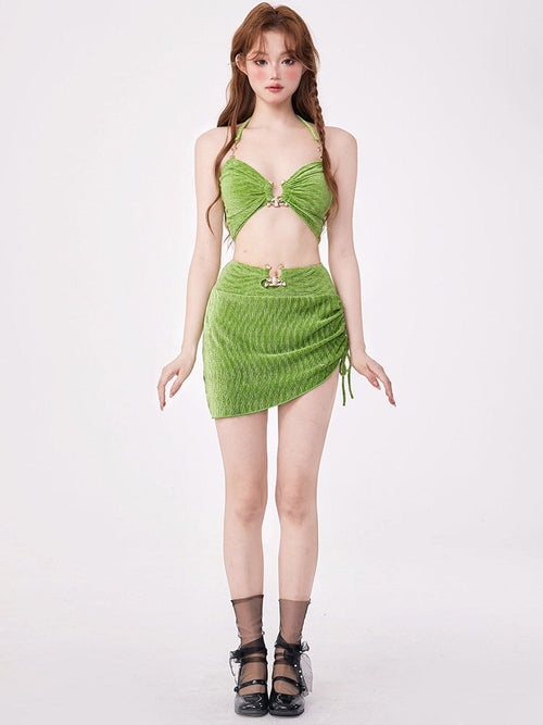 Bright Green Halter Bikini Set with Metal Buckle Detail, 3-Piece Swimsuit with Ruched Skirt for Women