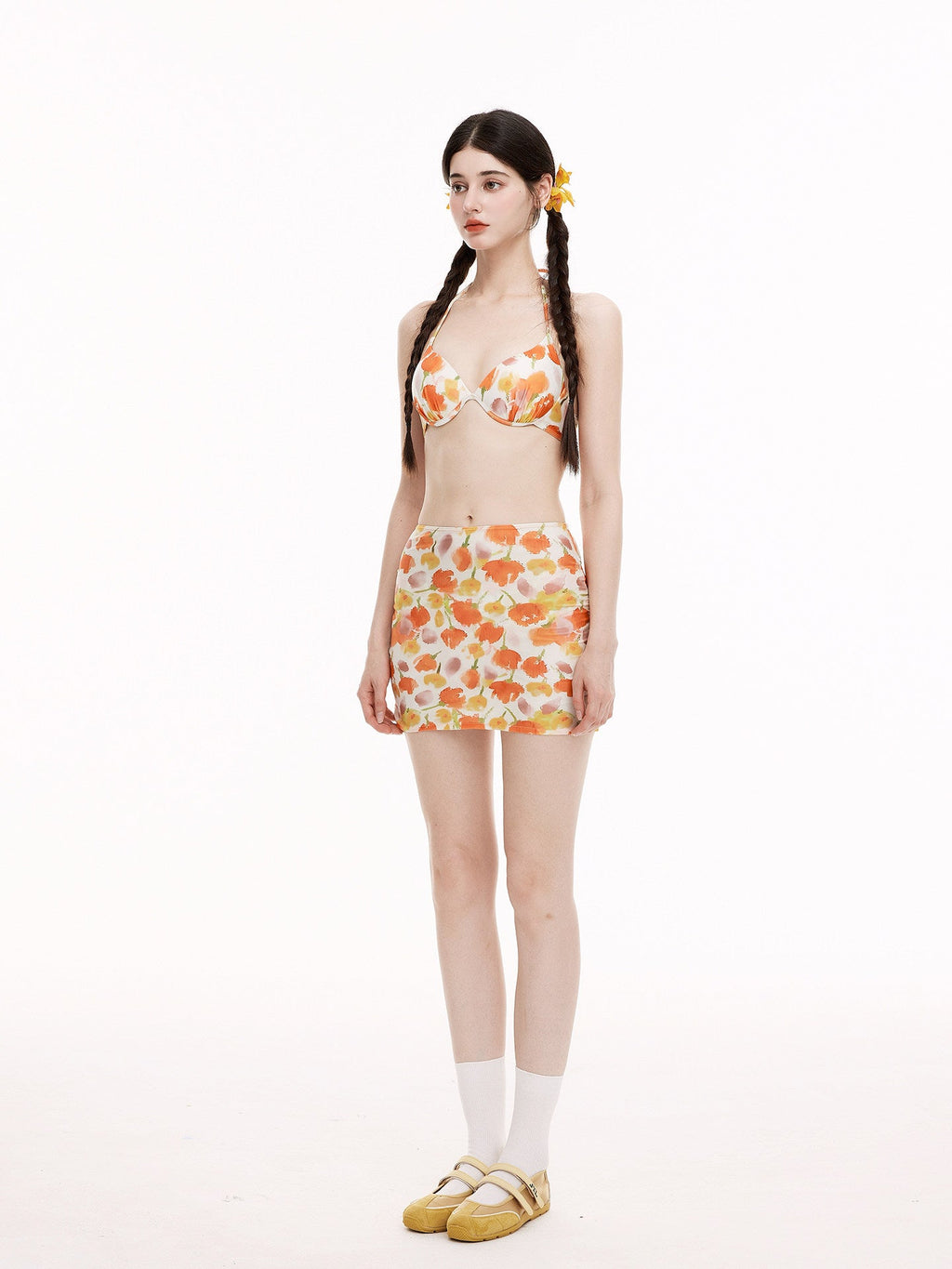 Watercolor Floral Print Triangle Bikini Set 4 Piece with Mesh Crop Top & Mini Skirt, Cute Summer Swimsuit for Women