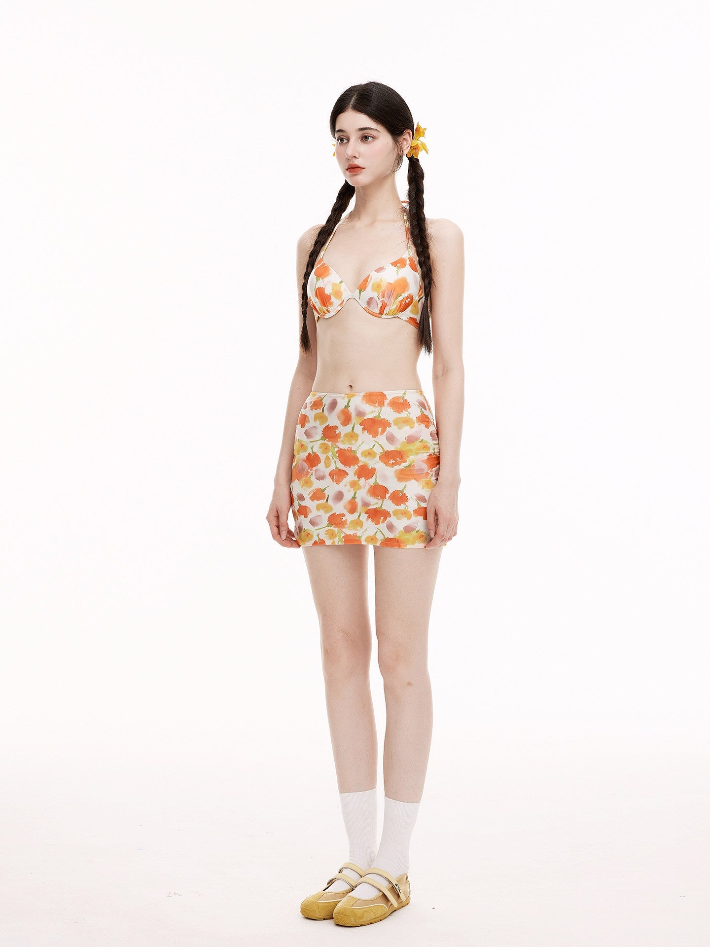 Watercolor Floral Print Triangle Bikini Set 4 Piece with Mesh Crop Top & Mini Skirt, Cute Summer Swimsuit for Women