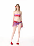 Tropical Print Bandeau Swim Set with Sheer Wrap Skirt, Y2K Vacation Bathing Suit