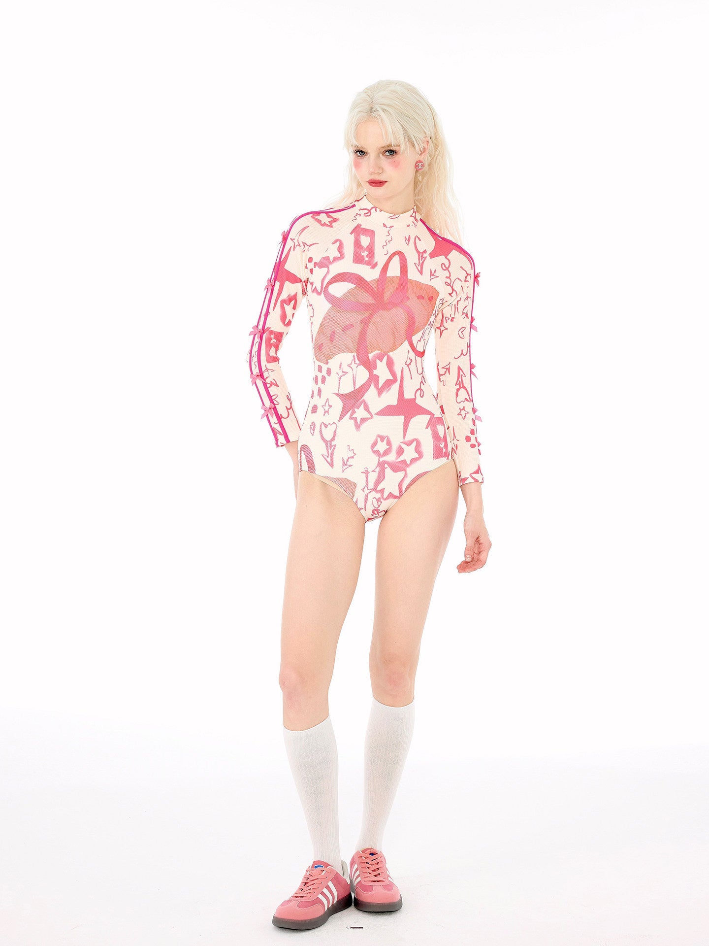 Y2K Pink Graffiti Long Sleeve One Piece Swimsuit, Sheer Mesh Rash Guard Bathing Suit for Women