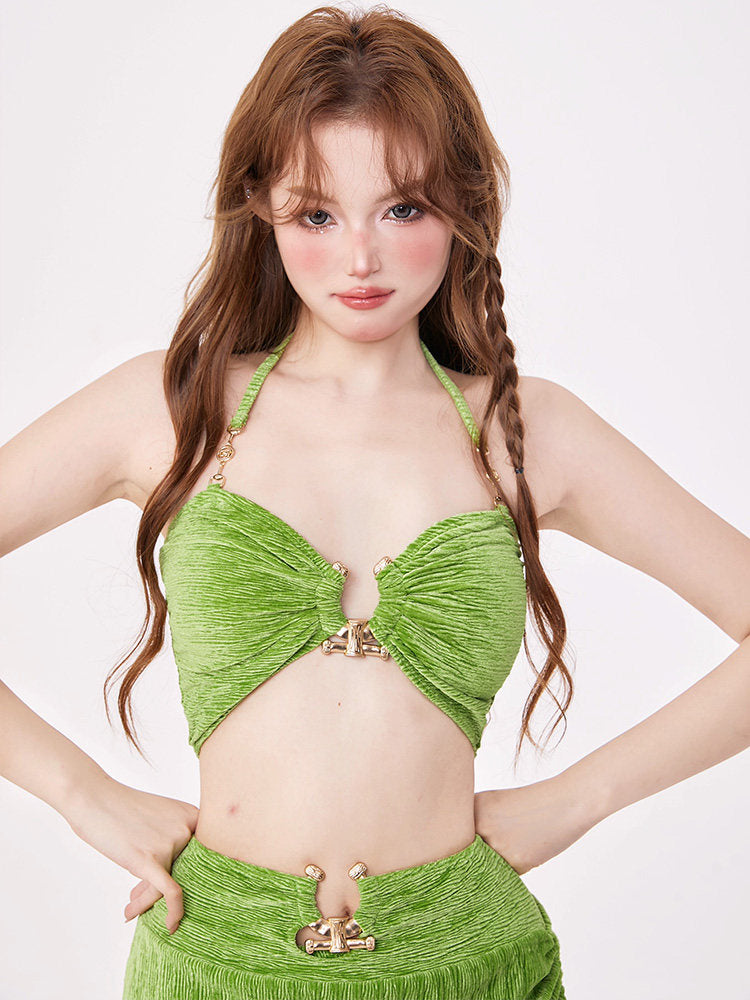 Bright Green Halter Bikini Set with Metal Buckle Detail, 3-Piece Swimsuit with Ruched Skirt for Women