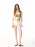 Beige & Gold Color-Block Bikini Set with Gold Metal Accents, 2-Piece Swimsuit with Wrap Skirt for Women