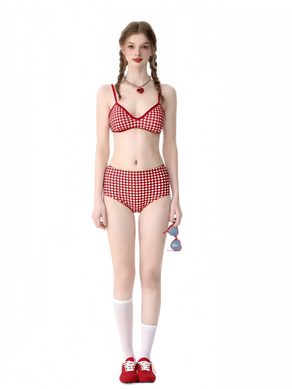 Y2K Red Gingham Bikini Set 4 Piece with White Tank Top & Red Mini Skirt, Cute Retro Swimsuit for Women