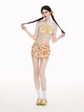 Watercolor Floral Print Triangle Bikini Set 4 Piece with Mesh Crop Top & Mini Skirt, Cute Summer Swimsuit for Women