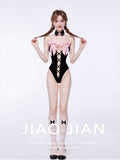 X-1004  Black & Pink Bow Maid Cosplay Bodysuit, Lace-Up Halter Lingerie Costume for Women, 3 Sizes Available