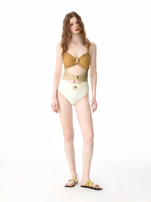 Beige & Gold Color-Block Bikini Set with Gold Metal Accents, 2-Piece Swimsuit with Wrap Skirt for Women