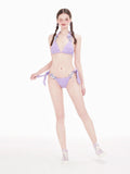 Lavender Ribbed Bikini Set with Chain Detail, 3-Piece Swimsuit with Wrap Skirt for Women