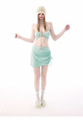 Mint Green 3 Piece Bikini Set with Metal Ring & Drawstring Skirt, Textured Swim Skirt Set for Women