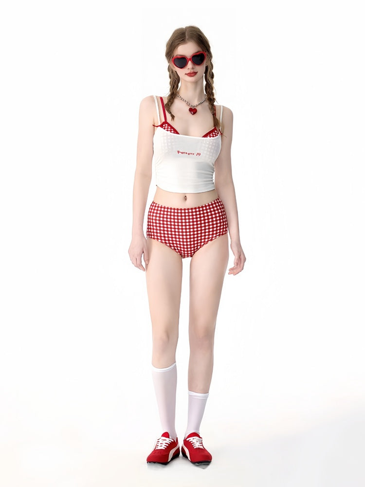 Y2K Red Gingham Bikini Set 4 Piece with White Tank Top & Red Mini Skirt, Cute Retro Swimsuit for Women