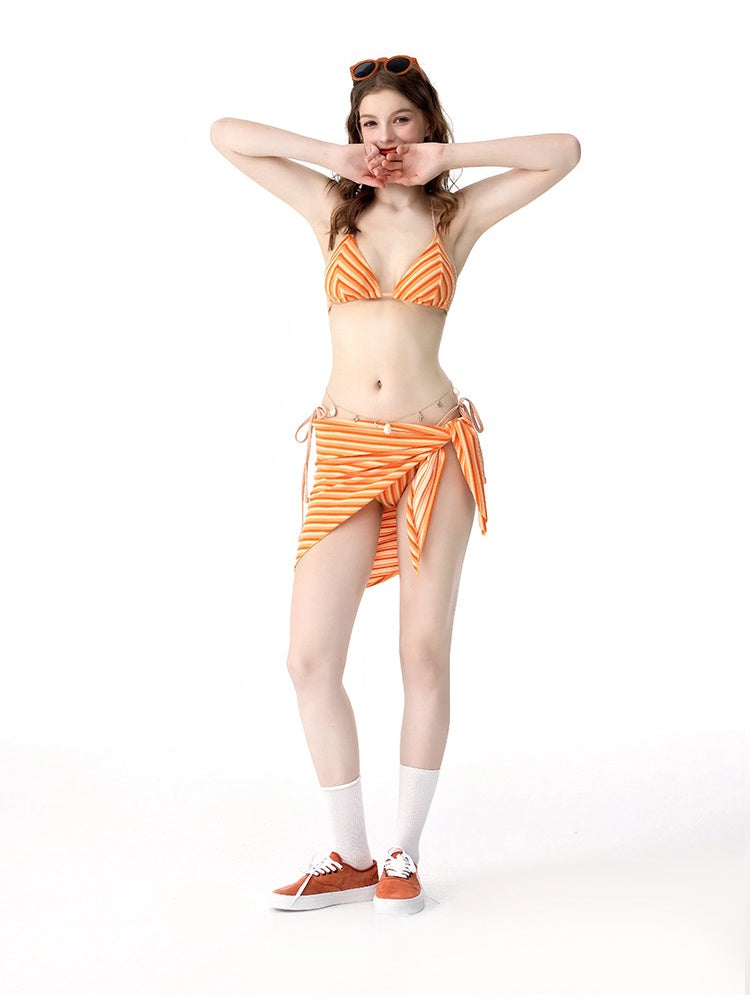 Orange White Chevron Stripe Triangle Bikini Set 3 Piece with Wrap Sarong, Retro Summer Swimsuit for Women