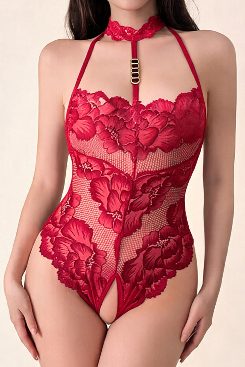 Floral Lace Teddy Bodysuit with Choke