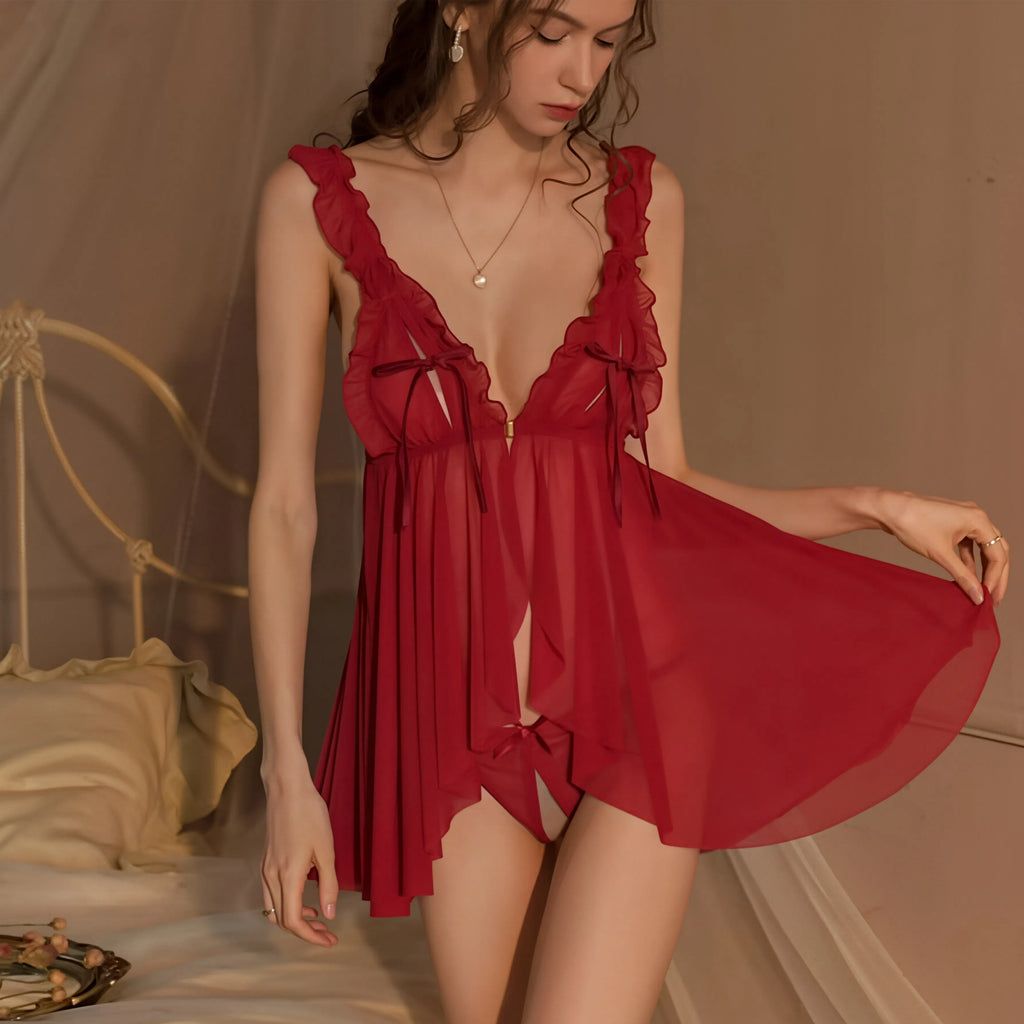 Sexy Mesh See-through Two Piece Babydoll Lingerie【US warehouse】