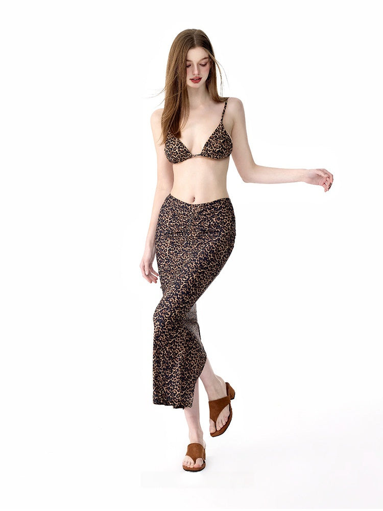 Leopard Print Triangle Bikini Set with Maxi Cover-Up Skirt, 3-Piece Swimsuit for Women