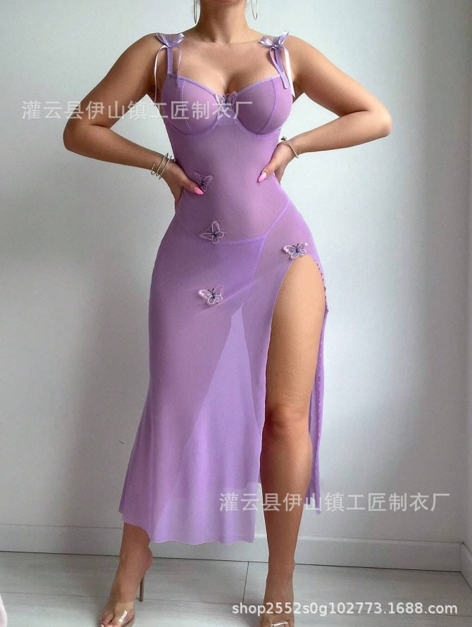 Sheer Mesh Backless High Slit Multicolor Dress