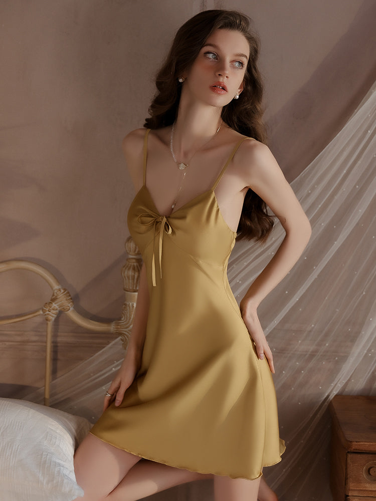 G-4458  Women's Satin Slip Dress with Tie Front, Luxury Silk Feel Nightgown, Elegant Loungewear Sleepwear