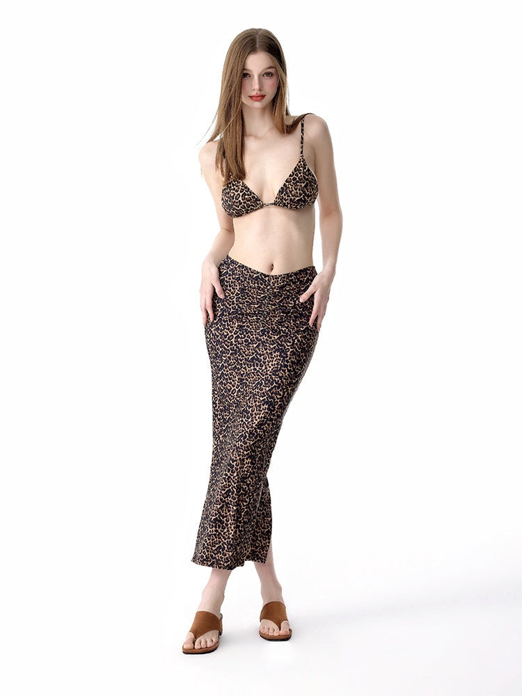 Leopard Print Triangle Bikini Set with Maxi Cover-Up Skirt, 3-Piece Swimsuit for Women