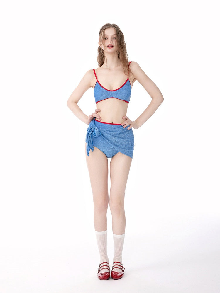 Blue Red Contrast Binding Bikini Set 3 Piece with Sarong Skirt, Retro Sporty Swimsuit for Women