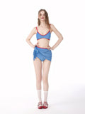 Blue Red Contrast Binding Bikini Set 3 Piece with Sarong Skirt, Retro Sporty Swimsuit for Women