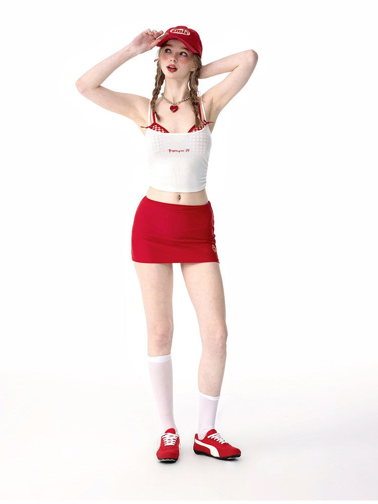 Y2K Red Gingham Bikini Set 4 Piece with White Tank Top & Red Mini Skirt, Cute Retro Swimsuit for Women
