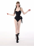 Black Ribbed One-Piece Swimsuit with Leopard Print Chain Straps, Cutout Waist Bathing Suit for Women