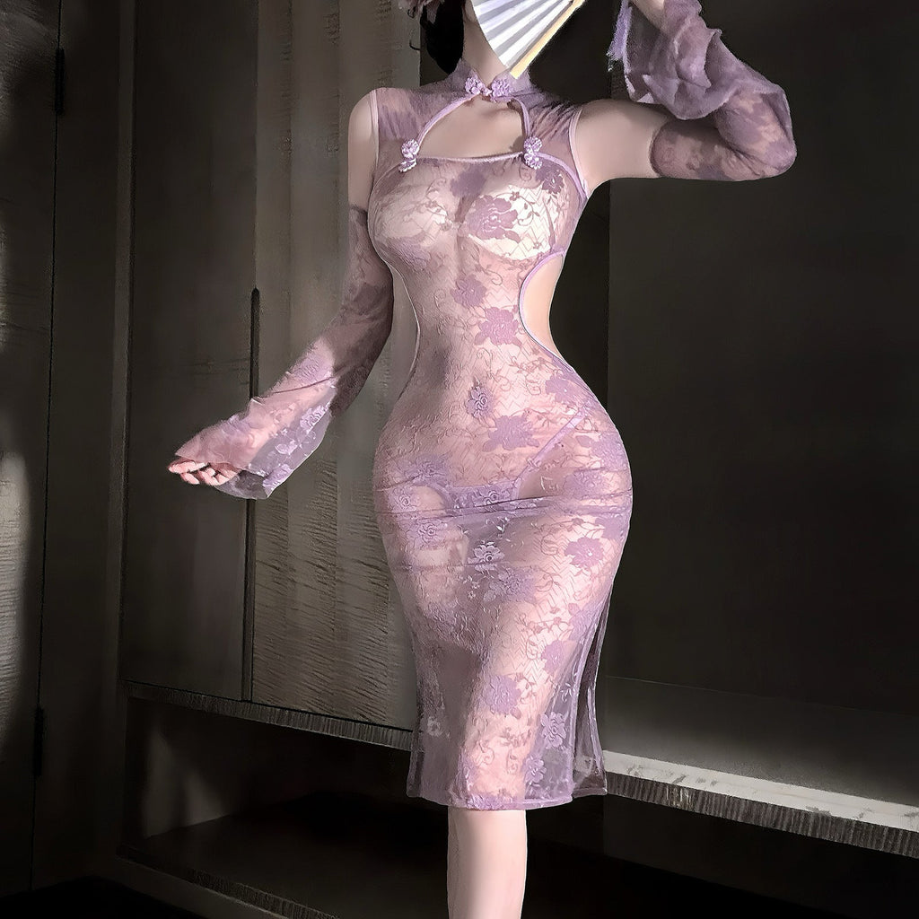 Chinese Style Lace See-through Purple Cheongsam Suit