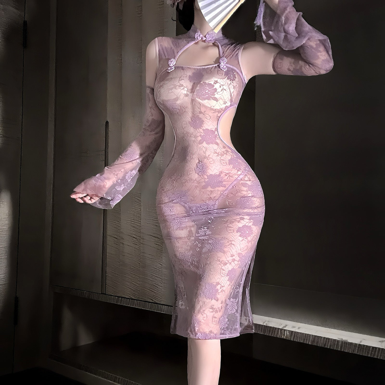 Chinese Style Lace See-through Purple Cheongsam Suit