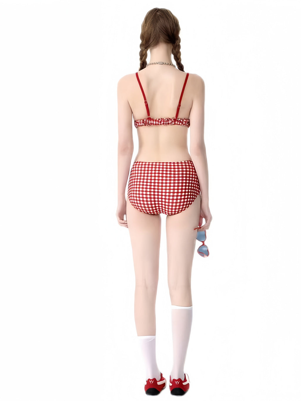 Y2K Red Gingham Bikini Set 4 Piece with White Tank Top & Red Mini Skirt, Cute Retro Swimsuit for Women