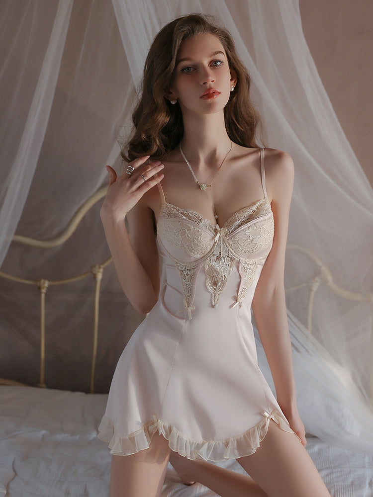 G-4240 Women's Sexy Lace Satin Cami Nightdress with Built-in Pads, Lingerie Sleepwear Robe Set