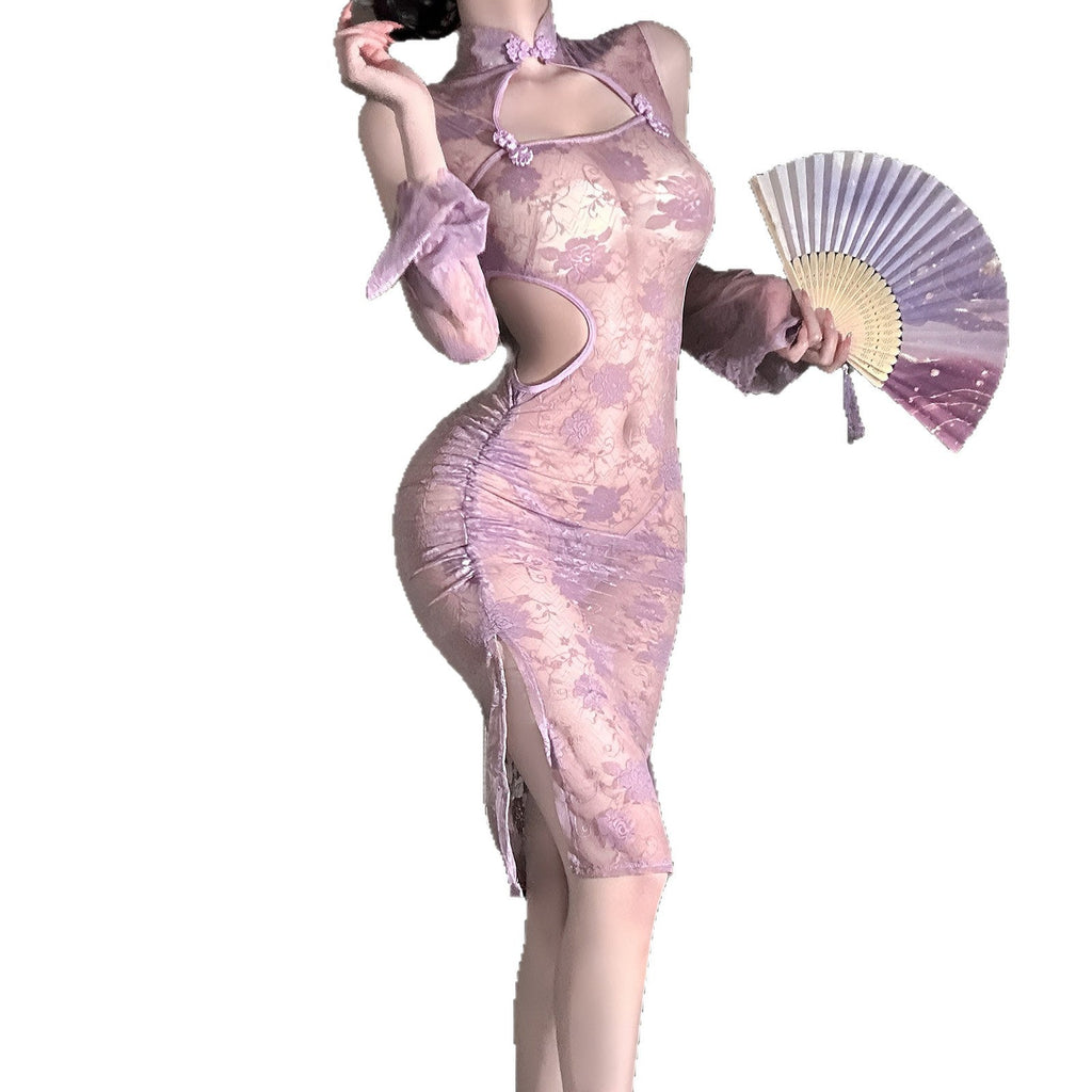 Chinese Style Lace See-through Purple Cheongsam Suit