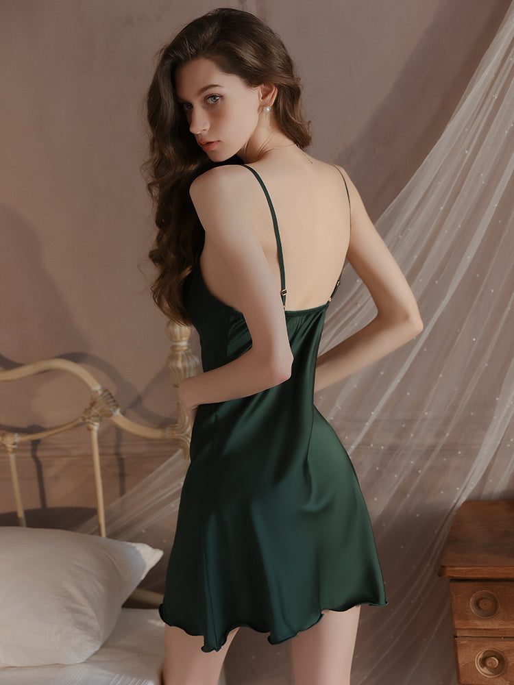 G-4458  Women's Satin Slip Dress with Tie Front, Luxury Silk Feel Nightgown, Elegant Loungewear Sleepwear