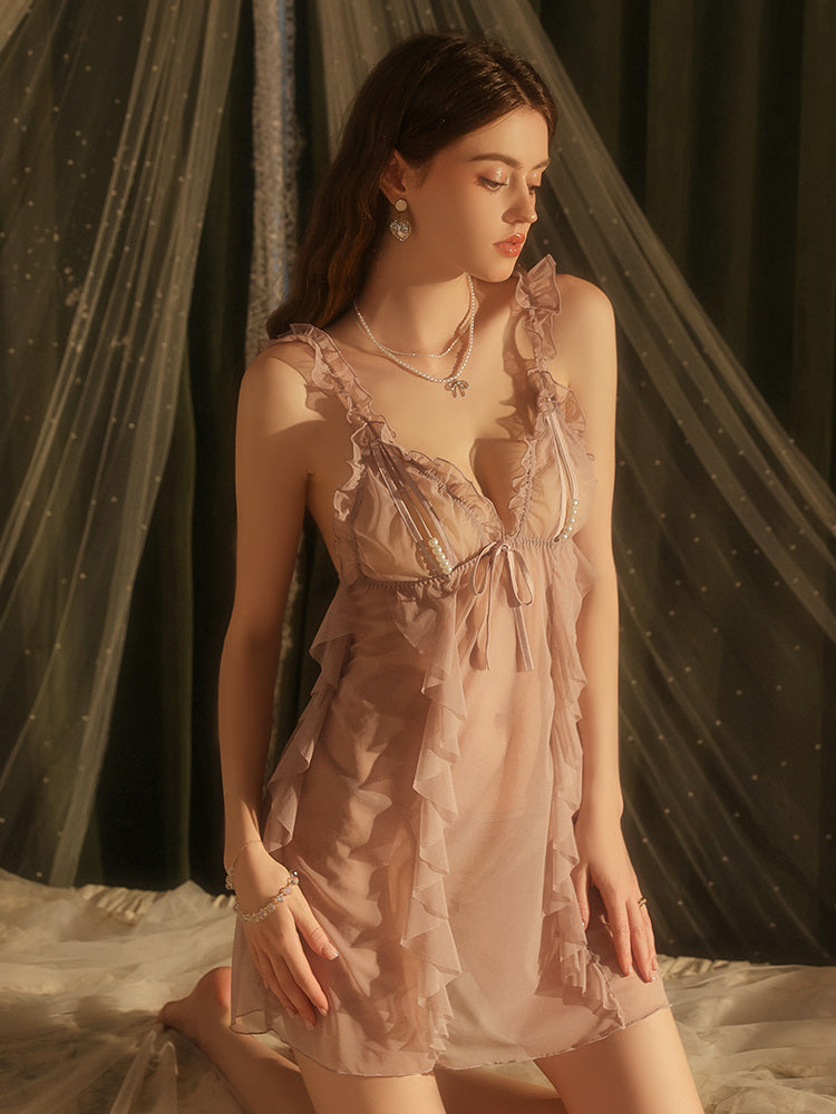 G-5716 Women's Sheer Mesh Ruffle Trim Babydoll Nightdress, Sexy Lingerie Sleepwear with Pearl Detail