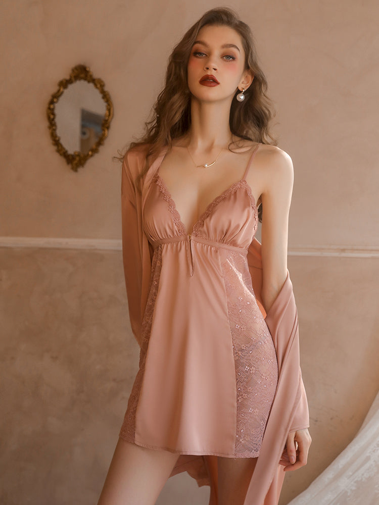 G-1690  Women's Luxury Lace Satin Chemise Nightgown with Built-in Pads, Elegant Loungewear Sleepwea