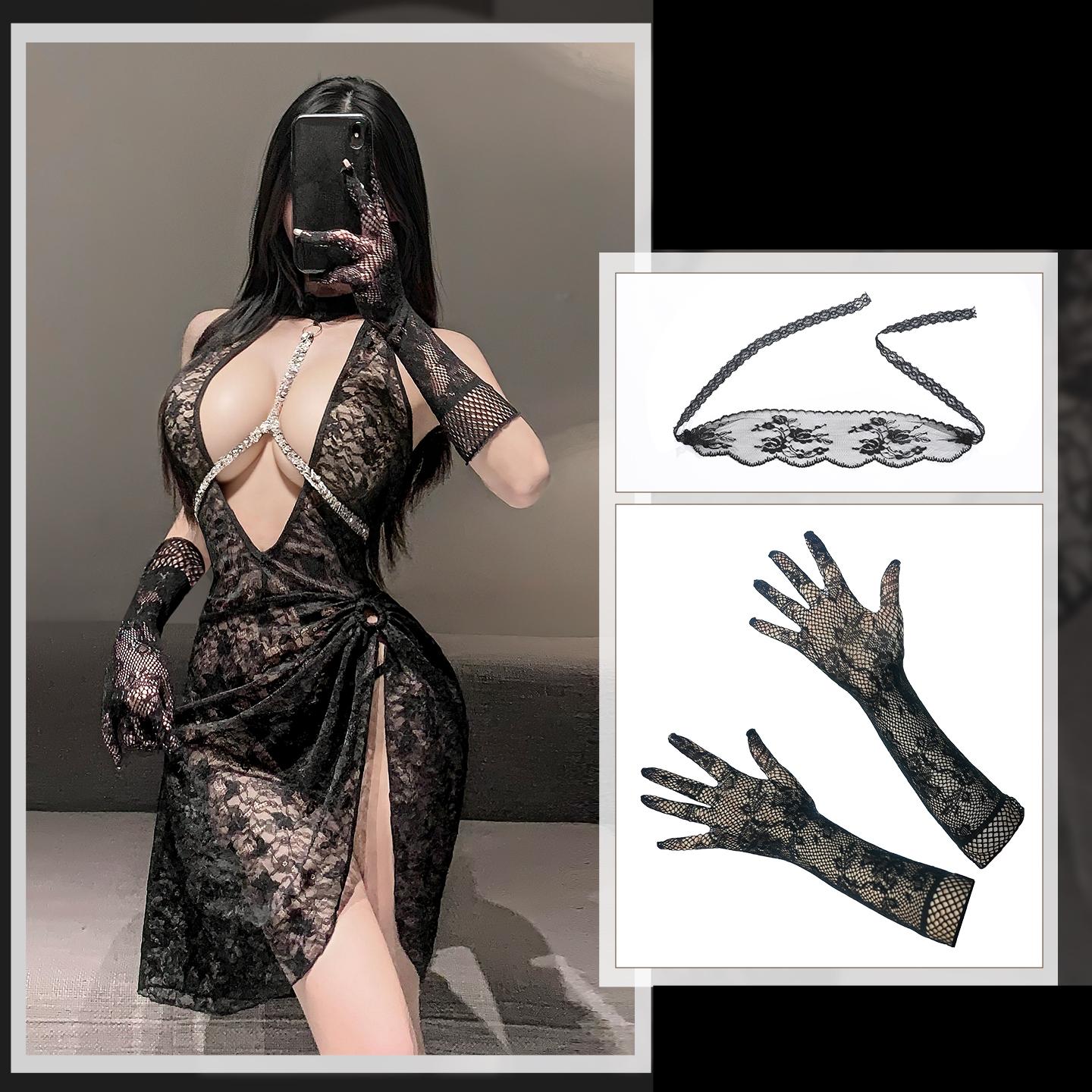 Flash Chain Breastpin Charming See-through Sexy Lace Dress
