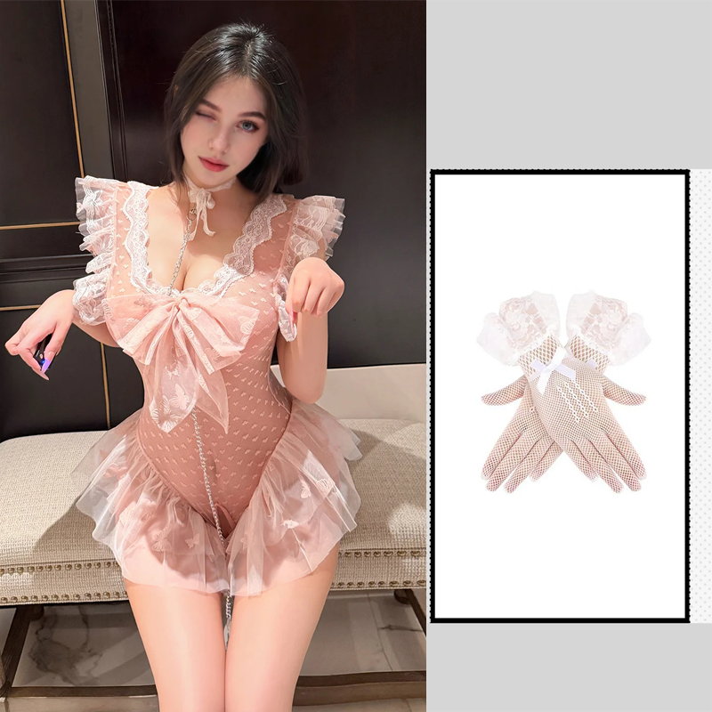 Hand Holding Rope Dot Sexy See-through Open Crotch Sexy Lingerie Set