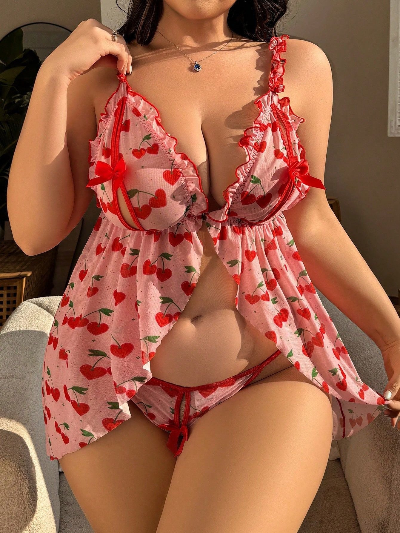 Plus Size Sexy Seduction Lace Mesh See-through Slip Dress Set【US warehouse】
