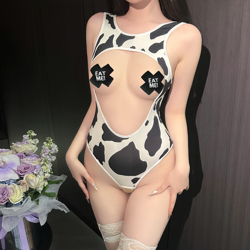 T-4077  Cow-pattern cutout bodysuit
