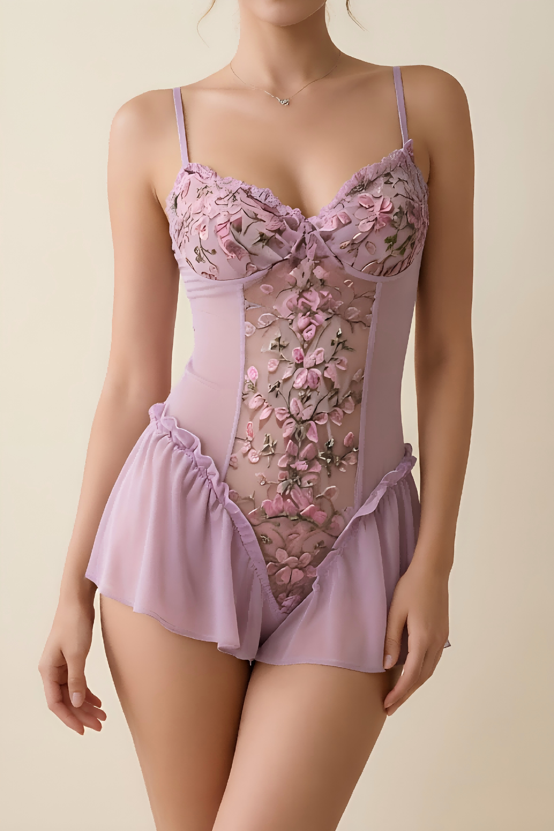 Deep V-neck Floral Embroidered Open-crotch Bodysuit【US warehouse】