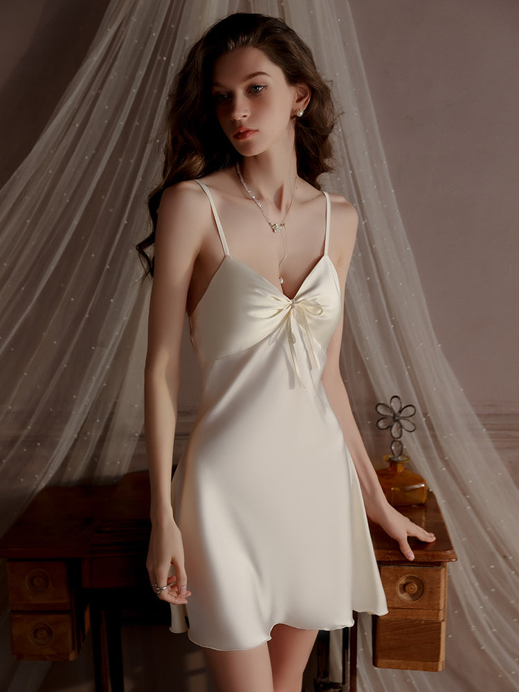 G-4458  Women's Satin Slip Dress with Tie Front, Luxury Silk Feel Nightgown, Elegant Loungewear Sleepwear