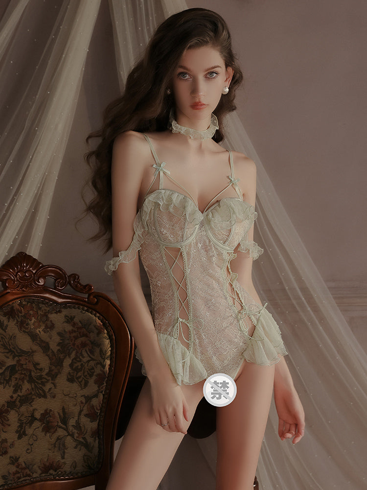 G-2390 Women's Sexy Lace Lingerie Bodysuit with Choker, Sheer Mesh Teddy Lingerie Set